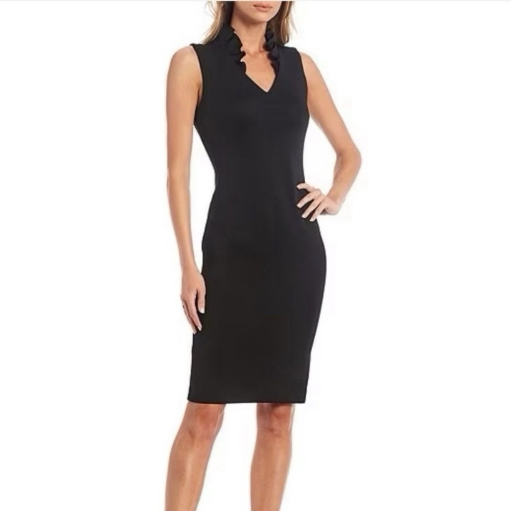 Calvin Klein Black Scuba Sleeveless V Neck Ruffle Collar Sheath Dress Size 8
